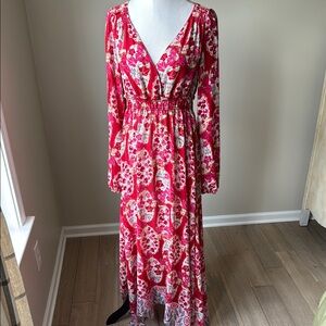 Chelsea & Violet Red Plunge Neckline Sundress with Bishop Sleeves